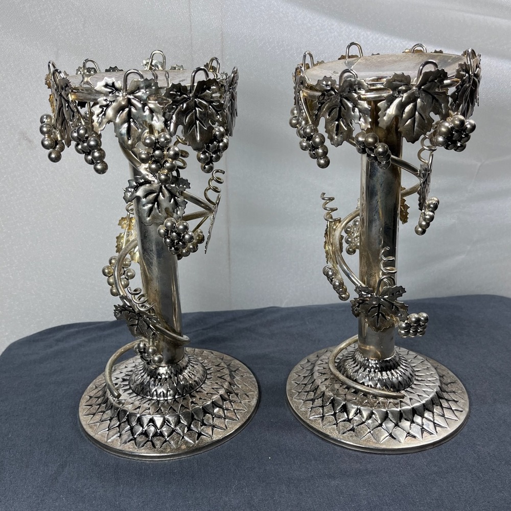 Studio‎ Silversmiths Silver Plated Grape Vine Pillar Candle Holders 9.5" Ornate